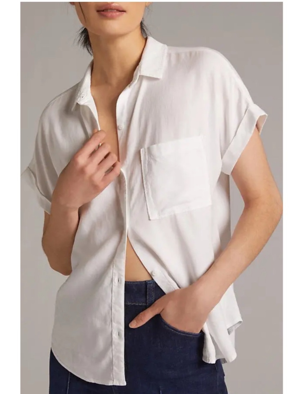 Cloth & Stone White Relaxed Short-Sleeve Button-Down 100% Tencel Top - Picture 3 of 9